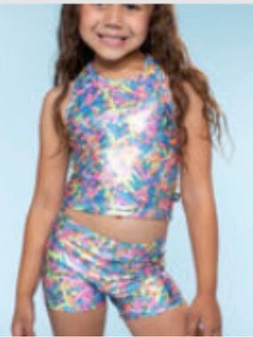 Girls Neon Multicolor Shiny Crop Tank & Shorts Set